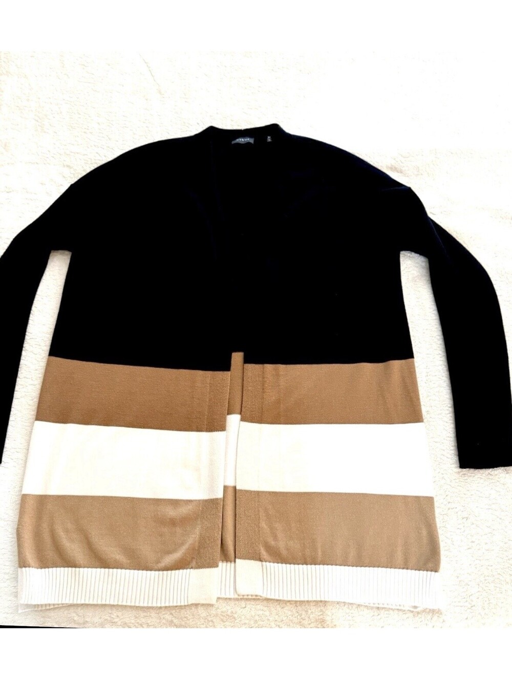 Cyrus Cardigan Womens Medium Open Front Colorblock Knit Sweater Black Tan